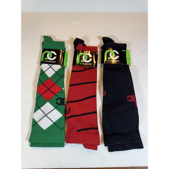 Lot 3 Pairs New Pro Compression Marathon Socks Solid Black Green Argyle - Picture 2 of 9